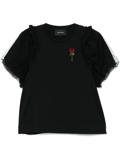 Simone Rocha Tulle Overlay Puff Sleeve Frill Tee In Black