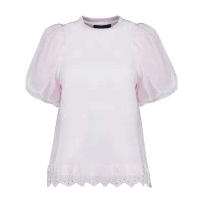 Simone Rocha Tulle Overlay Puff Sleeve Lace T-shirt In Pink
