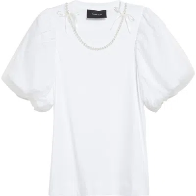 Simone Rocha Tulle Overlay Puff Sleeve T-shirt With Faux Pearl Trim In White