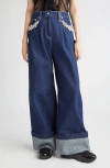 Simone Rocha Turbo Crystal Embellished Wide Leg Puddle Carpenter Jeans In Blue