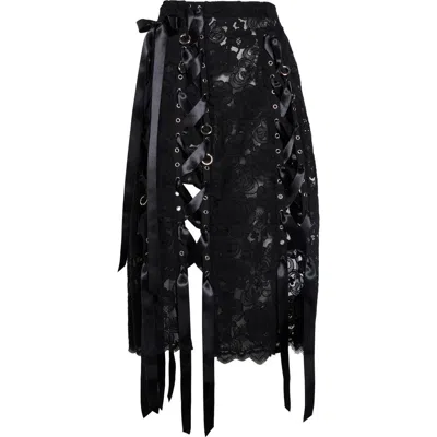 Simone Rocha Unraveling Ribbon Ring Asymmetric Embellished Lace And Satin Midi Skirt In Black