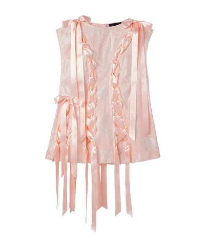 Simone Rocha Unraveling Ribbon Lace-up Frayed Brocade Top In Pink