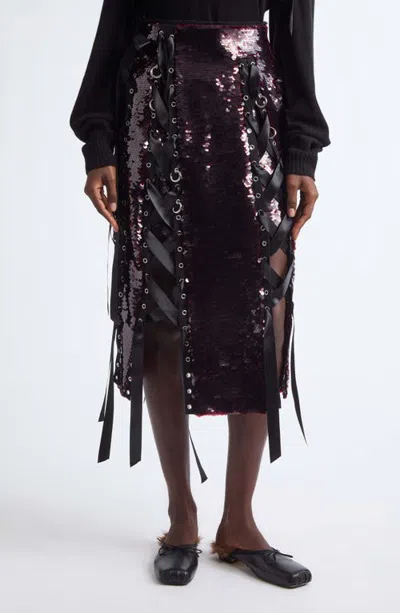 Simone Rocha Unraveling Ribbon Ring Sequin Midi Skirt In Deep Red