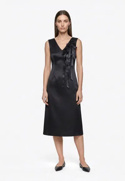 Simone Rocha V-neck Midi Dress With Ribbon Rosettes And Trailing Bows In Black