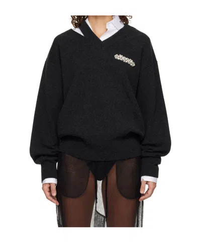 Simone Rocha Embellished Merino Wool Slash Cutout V-neck Sweater In Black