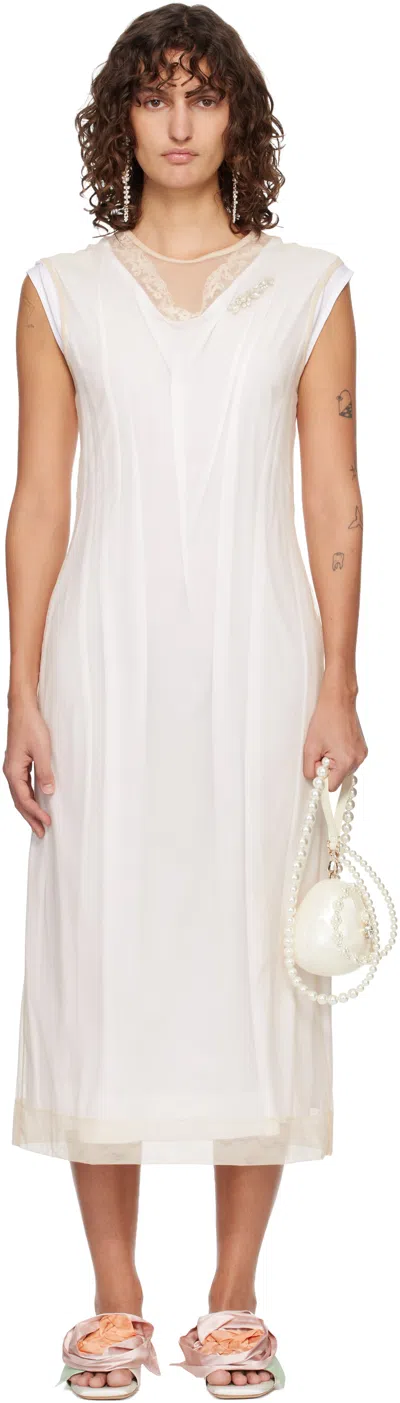 Simone Rocha White & Beige Layered Liquid Lace Trim Midi Dress