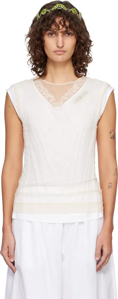 Simone Rocha White & Beige Layered Liquid Lace Trim T-shirt
