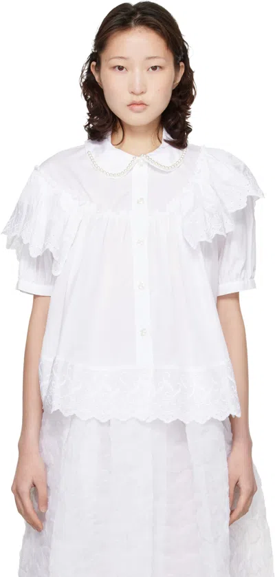 Simone Rocha White Cropped Puff Sleeve Ruffle Frill Shirt