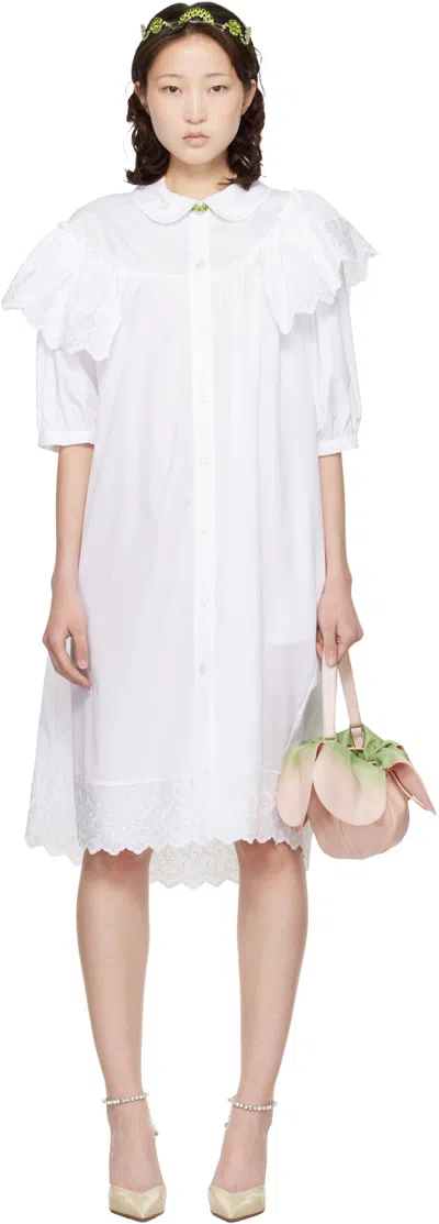 Simone Rocha White Puff Sleeve Ruffle Frill Trim Shirt Midi Dress