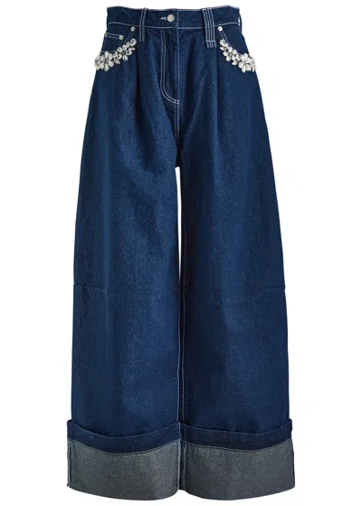 Simone Rocha Wide-leg Crystal-embellished Jeans In Blue