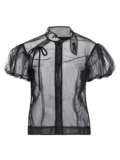 Simone Rocha Women's Embellished Sheer Puff-sleeve Shirt In Black