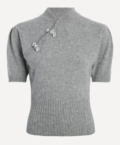 Simone Rocha Mandarin-collar Embellished Cashmere Jumper In Gray