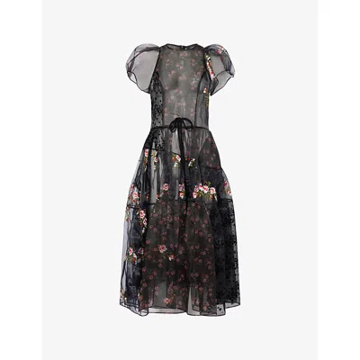 Simone Rocha Womens Black Patchwork Black Patch Flounce Sheer Organza Midi Dress