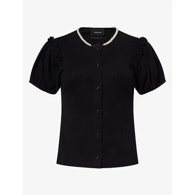 Simone Rocha Womens Black Pearl Pointelle Embellished-neck Cotton Top