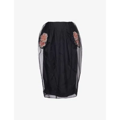 Simone Rocha Womens  Carnation Flower-embellishment Woven Midi Skirt In Black/black