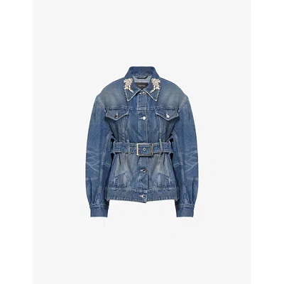 SIMONE ROCHA WOMENS EMBELLISHED BELTED DENIM JACKET DISTRESSED BLUE