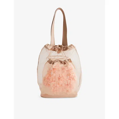 Simone Rocha Womens Sheer Drawstring Floral Mesh Shoulder Bag Nude
