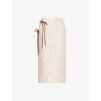 Simone Rocha Bow-detailed Chenille-trimmed Quilted Printed Satin Midi Skirt In Pink