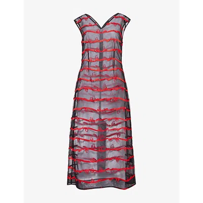 Simone Rocha Womens Ripple Embroidered Mesh Midi Dress Black Red