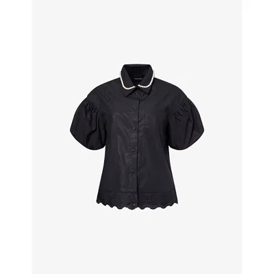 Simone Rocha Womens  Beaded Collared Cotton Shirt In Black Pearl