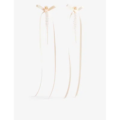 Simone Rocha Womens  Bow-ribbon Brass And Glass-bead Drop Earrings In Nude/rose