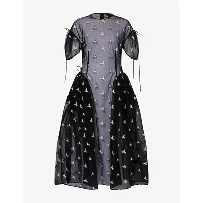 Simone Rocha Womens Black Black Puff-sleeve Cord-hip Woven Midi Dress