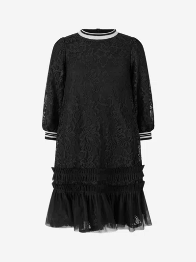 Simonetta Kids' 荷叶边花卉蕾丝连衣裙 In Black