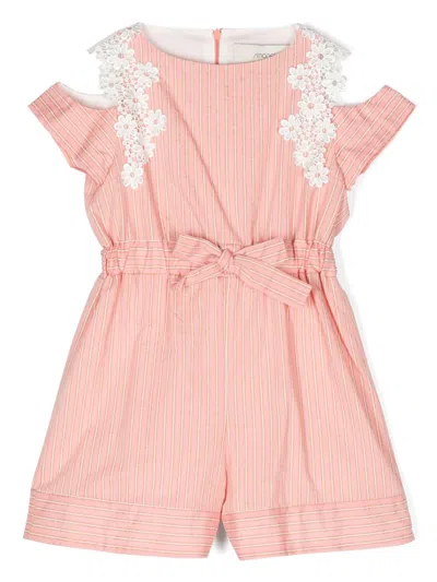 Simonetta Kids' Pink Lamé Striped Short Jumpsuit With Lace