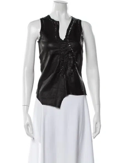 Pre-owned Simonetta Ravizza Leather V-neck Top In Black