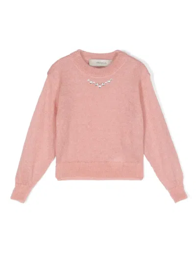 Simonetta Kids' Rhinestone-embellished Crew-neck Jumper In Rosa