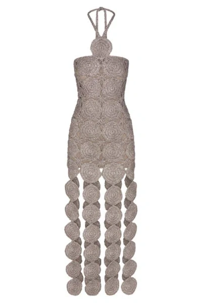 Simonmiller Beep Beep Lurex Crochet Cutout Halter Maxi Dress In Satellite Silver