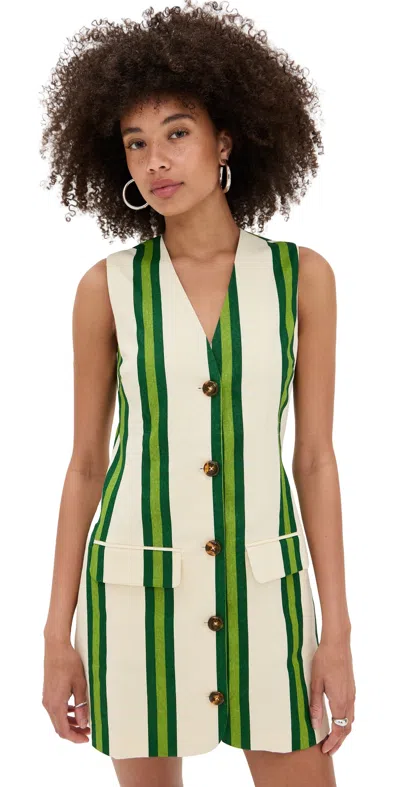 Simonmiller Carob Printed Linen Mini Dress Cream/green Stripe