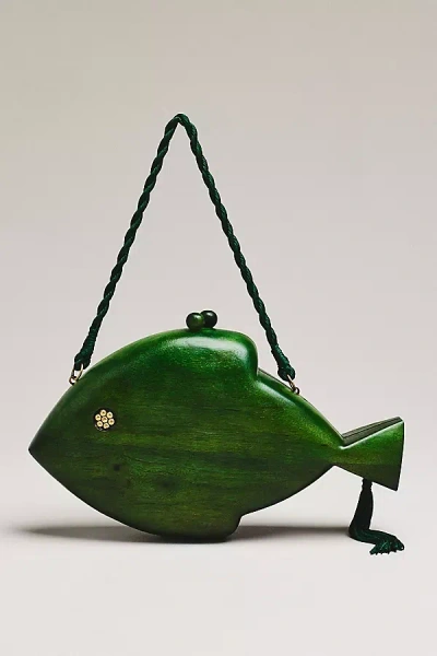 Simonmiller Carved Wooden Fish Clutch In Green