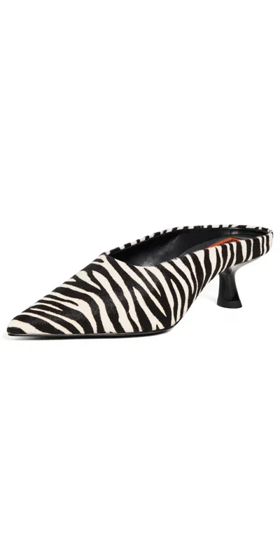 SIMONMILLER HAIRCALF POINTED GALA MULES ZEBRA