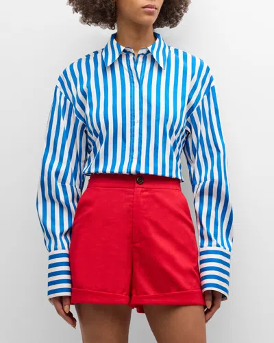 Simonmiller Loch Cutout Tie-back Striped Poplin Shirt In Blue Stripe