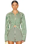 Simonmiller Loch Cutout Tie-back Striped Poplin Shirt In Gummy Green & Ecru