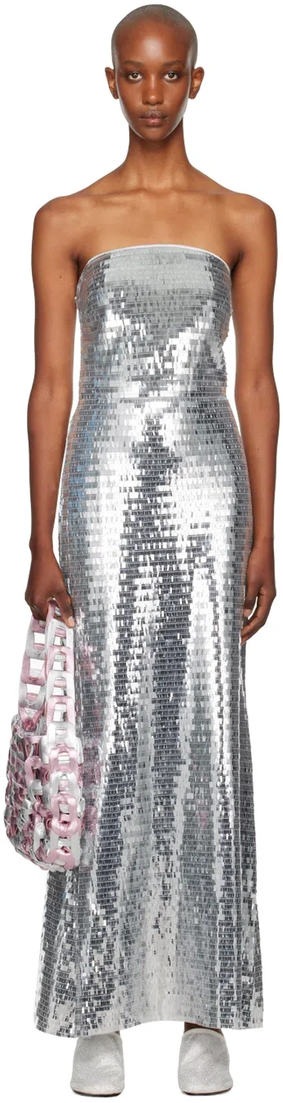 Simonmiller Silver Sculpty Strapless Sequin Maxi Dress In Satellite Silver