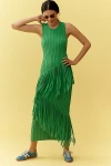Simonmiller Spiral Ribbed Crew Sleeveless Fringe Maxi Dress In Green