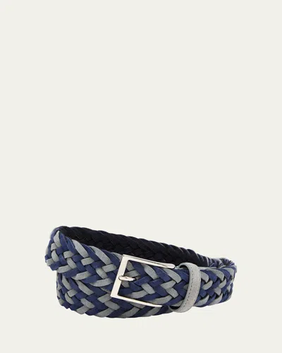 Simonnot Godard Men's Bicolor Braided Leather Belt, 35mm In Blue