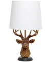 SIMPLE DESIGNS WOODLAND 17.25" TALL RUSTIC ANTLER COPPER DEER BEDSIDE TABLE DESK LAMP WITH TAPERED WHITE FABRIC SHA