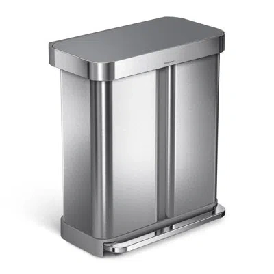Simplehuman 58 Liter / 15.3 Gallon Rectangular Dual Compartment Recycling Step, Brushed Stainless Steel With Sof In Silver