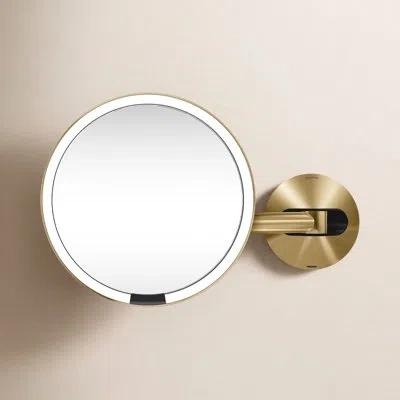 Simplehuman 8" Round Wall Mount Sensor Makeup Mirror, 5x Magnification, Hard-wired, Stainless Steel In Brass