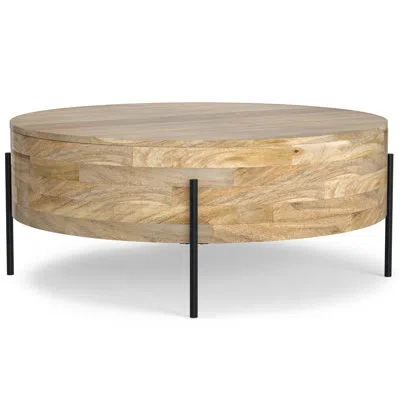 Simpli Home 38"w Solid Mango Wood Modern Round Drum Coffee Table With Metal Legs In Natural