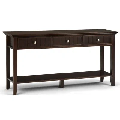 Simpli Home Acadian 60"w Solid Wood Transitional Sofa Table With 3 Drawers And Open Bottom Shelf In Brunette Brown