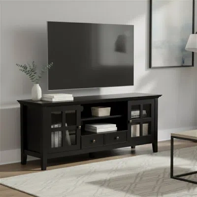 Simpli Home Acadian 60"w Solid Wood Transitional Tv Stand For Tvs Up To 65" With 2 Cabinets, 2 Drawers, And Adju In Black