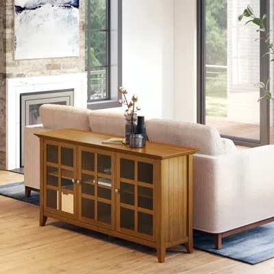 Simpli Home Acadian 62"w Solid Wood Transitional Storage Cabinet With Glass Doors And Adjustable Shelves In Light Golden Brown
