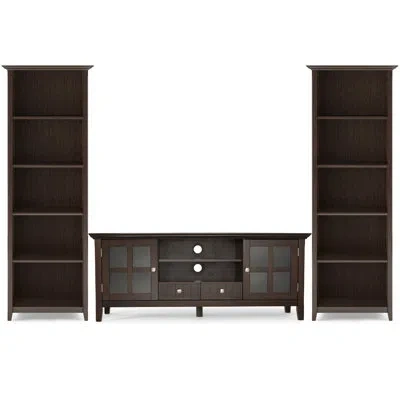 Simpli Home Acadian Solid Wood Transitional 60 Inch Wide Tv Stand With Two 26 Inch Wide 5 Shelf Bookcases (set O In Brunette Brown