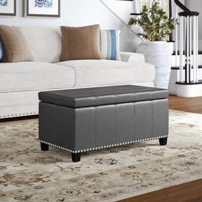 Simpli Home Amelia 33"w Upholstered Vegan Leather Transitional Rectangular Lift-up Storage Ottoman Bench With Hi In Stone Gray Faux Leather