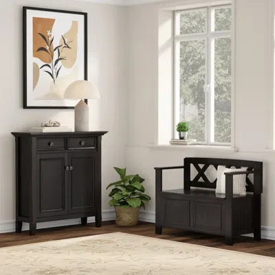 Simpli Home Amherst Solid Wood 36 Inch Wide Small Storage Bench And 36 Inch Wide Storage Cabinet In Hickory Brow In Hickory Brown