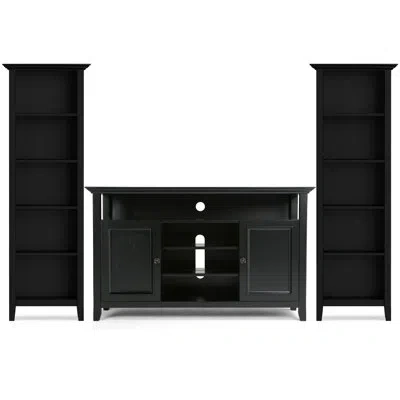 Simpli Home Amherst Solid Wood Transitional 54 Inch Wide Tv Stand With Two 24 Inch Wide 5 Shelf Bookcases In Bla In Black